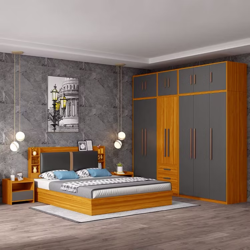 Modern Wooden Bedroom Wardrobe Bed Set